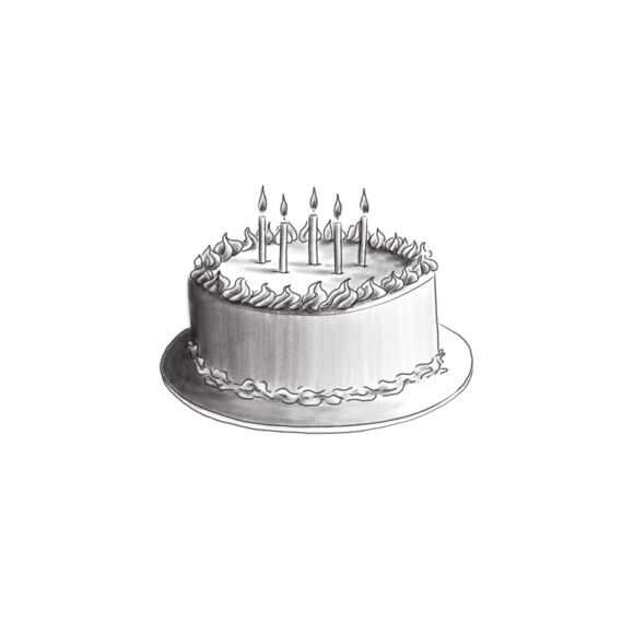 Black and white drawing of a birthday cake with decorative frosting and candles.