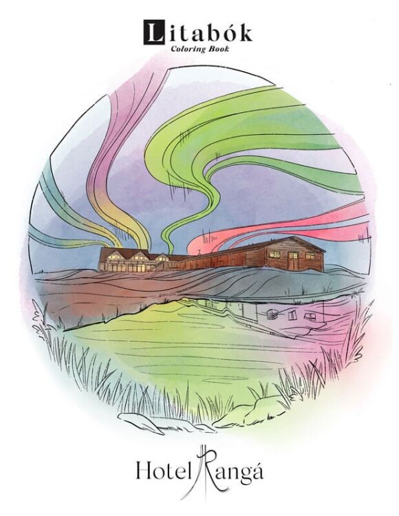Hand drawn illustration of Hotel Rangá with northern lights overhead.
