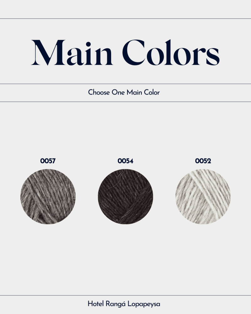 A photo that says "Main Colors" and "Choose One Main Color" with images of three different shades of gray yarn.