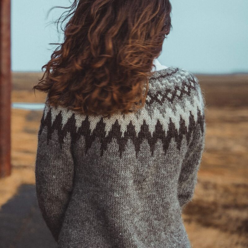 The back of an authentic Icelandic wool sweater showing a knitting pattern.
