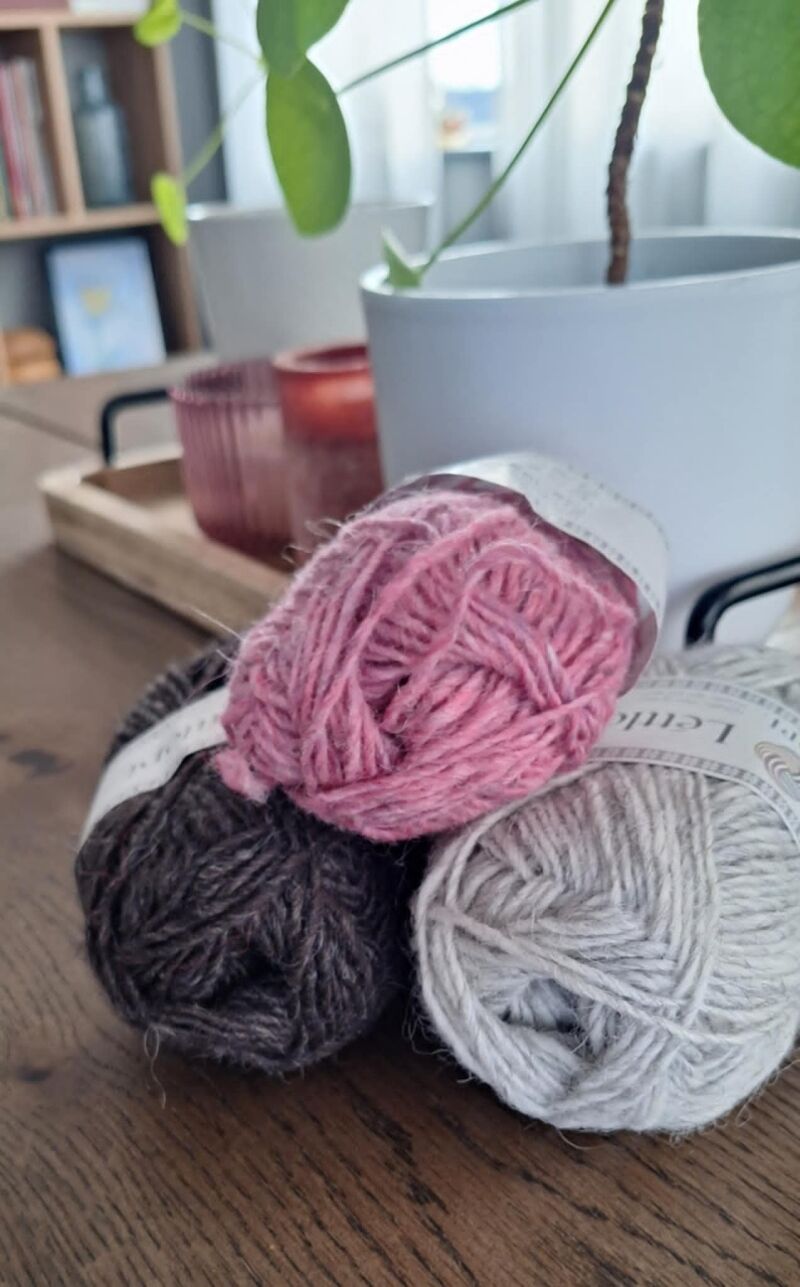 A photo of three skeins of yarn in varying shades beside a green potted plant.