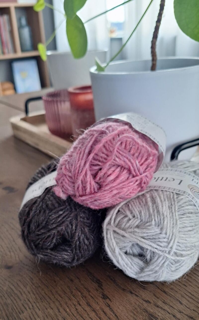 A photo of three skeins of yarn in varying shades beside a potted green plant.